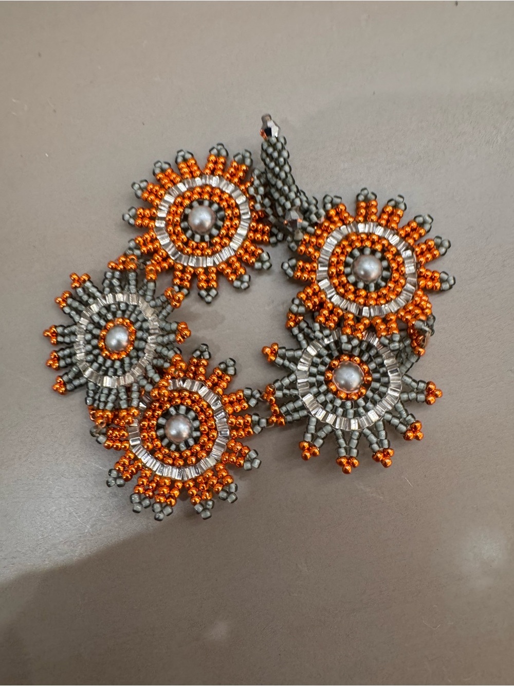 Orange and Silver Beaded Floral Bracelet